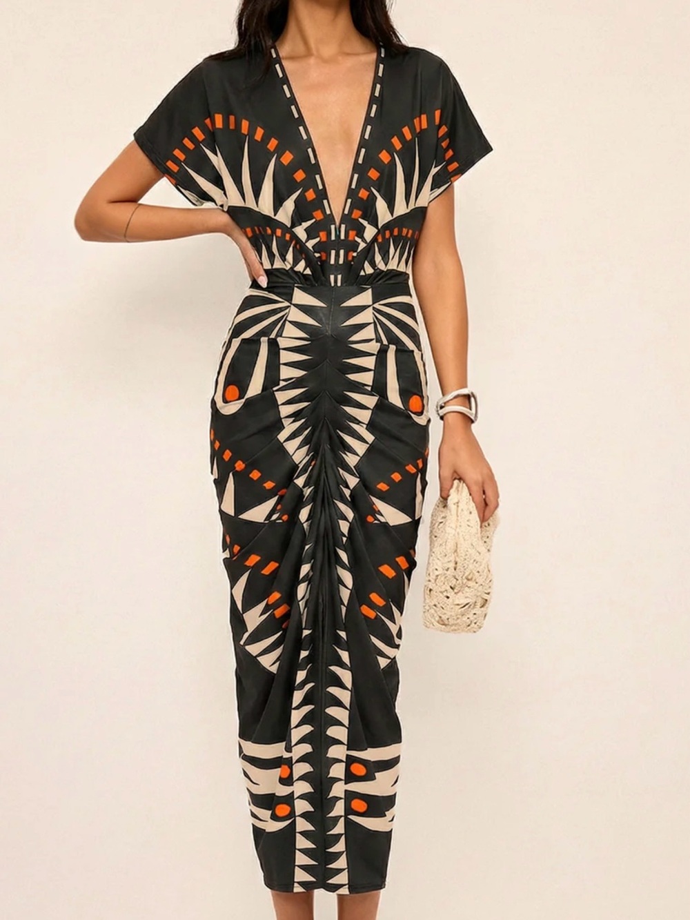 Commense Geometric Print Deep V-Neck Midi Dress - Medium - Picture 8 of 8